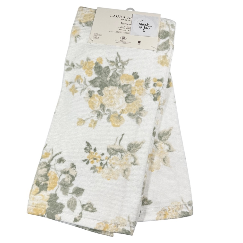 NEW Laura Ashley FLORAL ROSEMOOR Kitchen Towel Set/2 Yellow & Sage